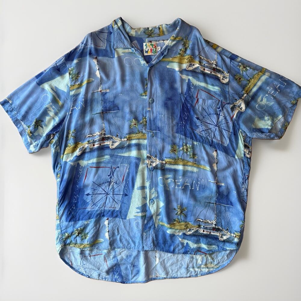 Vintage Jams World Shirt XL Blue Rayon Short Sleeve Beach Hawaiian Art AOP